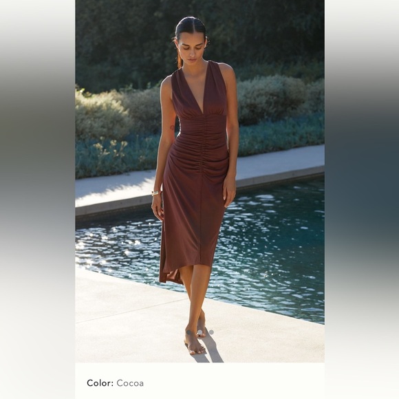 NWT new medium Anthropologie ruched v neck cross strap dress brown modal stretch - Picture 1 of 16